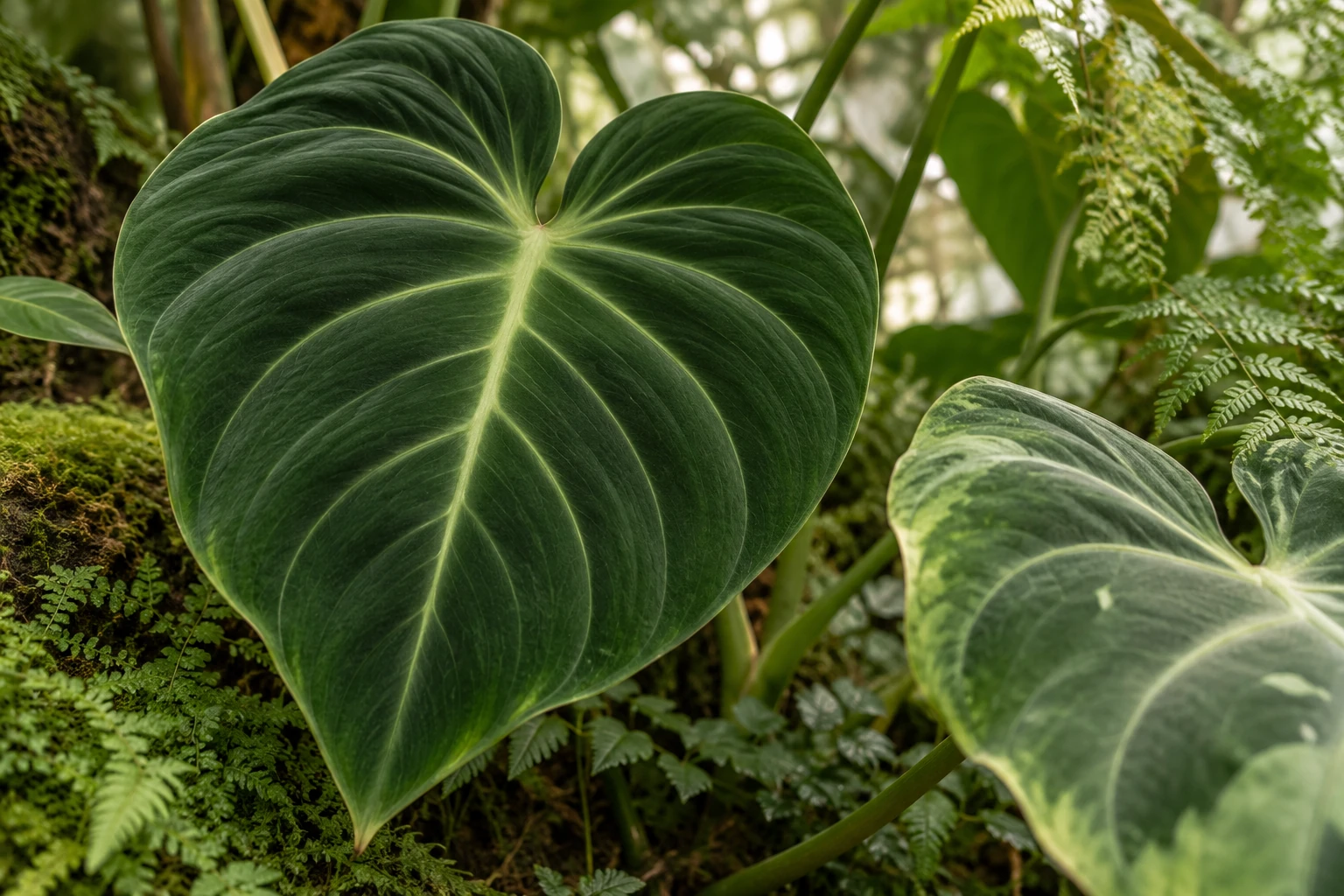 Illustrative close-up of a heart-shaped tropical leaf with pale veins