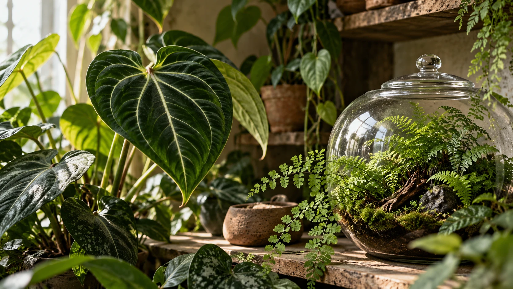 An illustrative nursery scene with tropical foliage and a lush glass terrarium